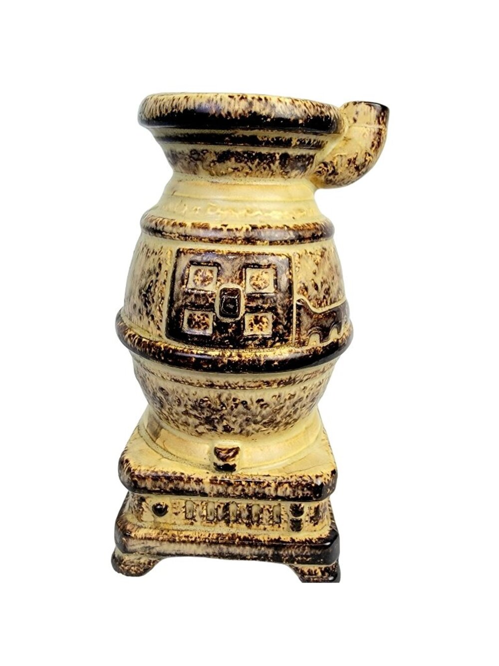 Vintage 80s Caffco Pot Belly Stove Ceramic Vase Bookshelf Brown Tan Rustic Retro